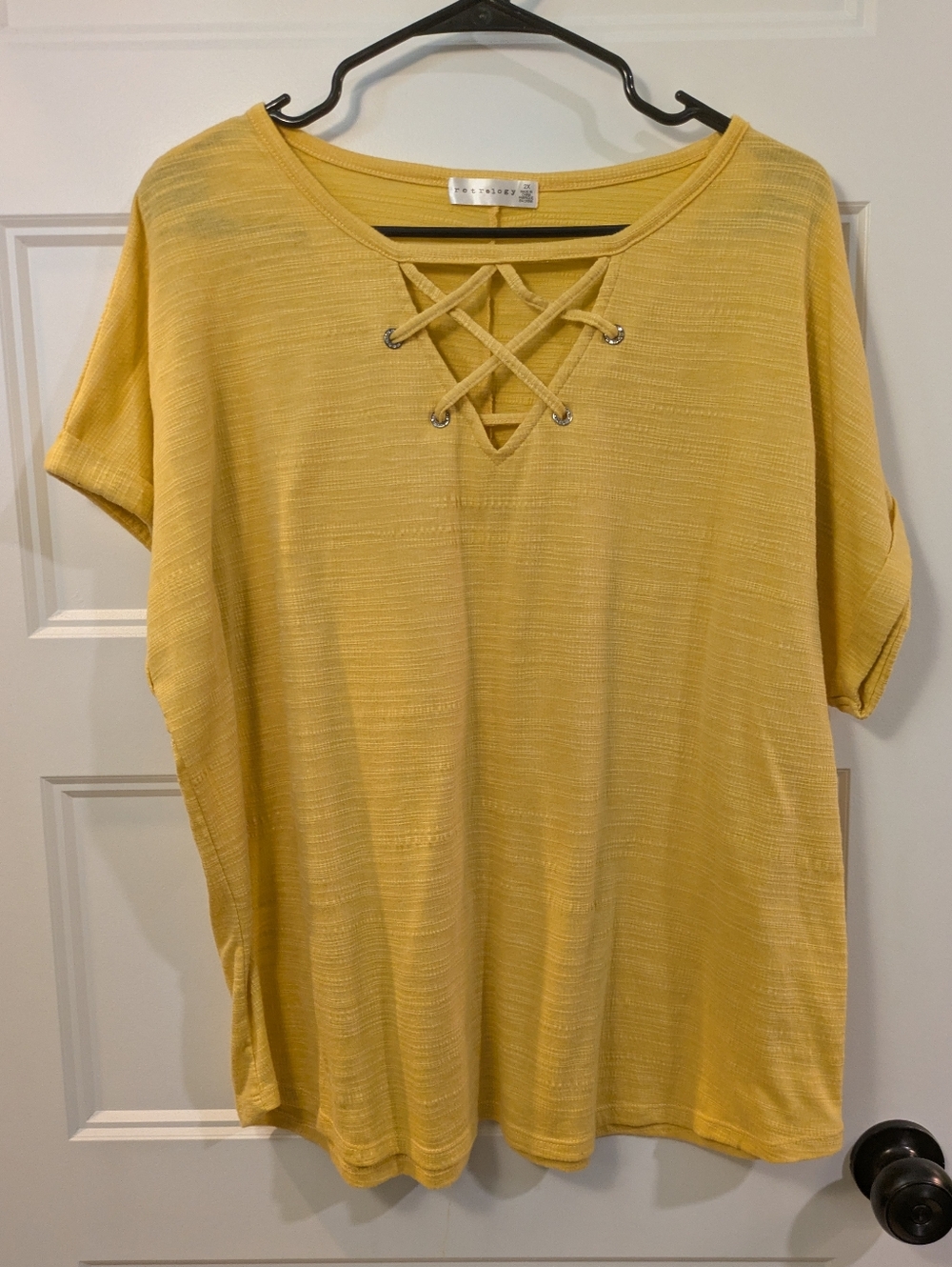 Retrology Lace-Up V-Neck Short Sleeve Top in Yellow